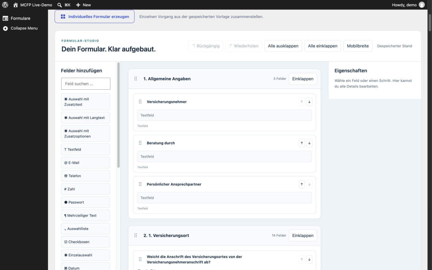 MCFP-Builder mit Feldpalette, einklappbaren Schritten und Eigenschaften