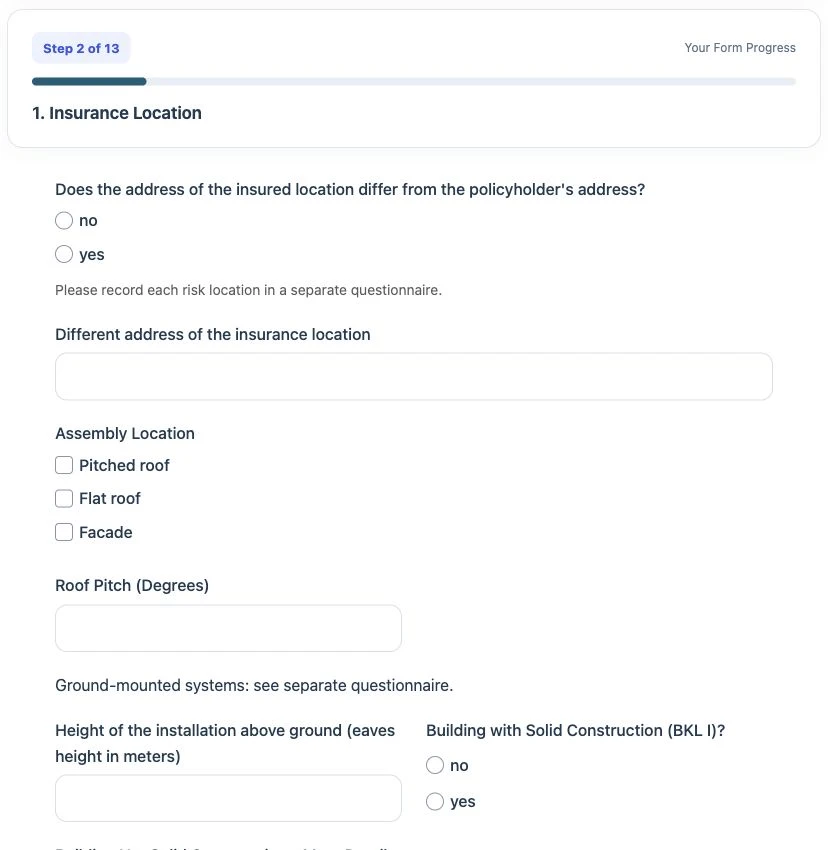 Customer form with readable progress, selection fields, and appropriate inputs