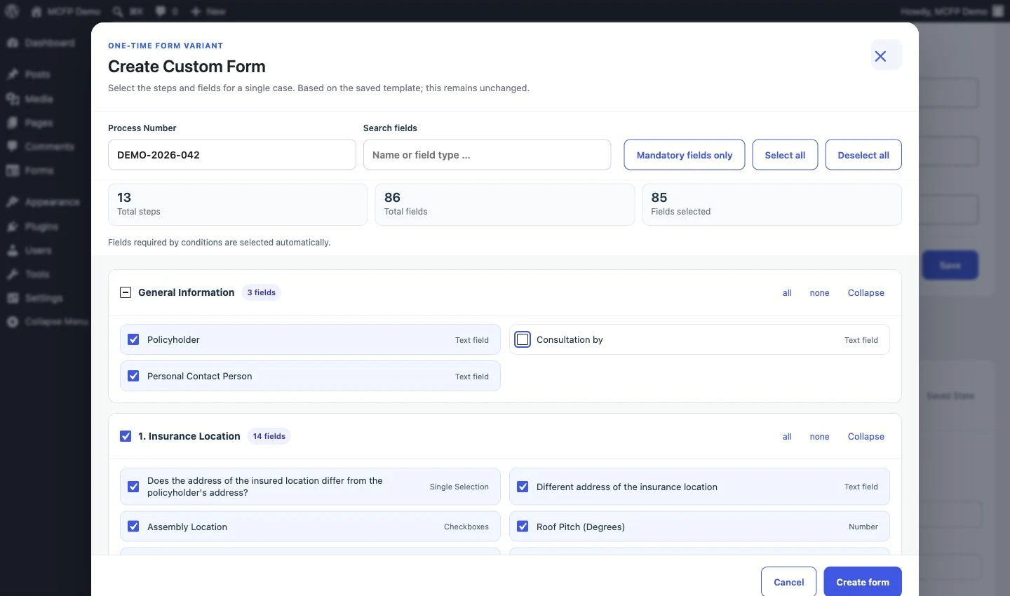 Field selection for a custom form with step overview and selected inputs