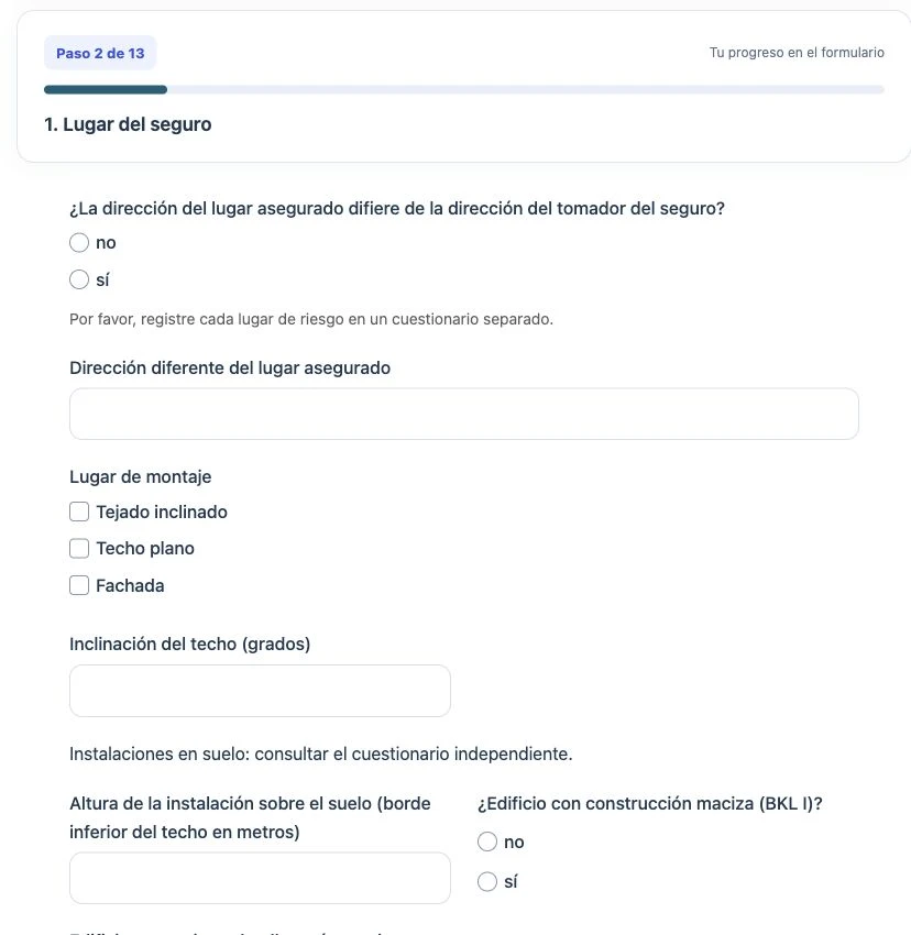 Formulario para clientes con progreso legible, campos de selección y entradas adecuadas