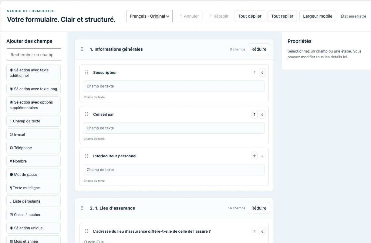 MCFP-Builder avec palette de champs, étapes repliables et propriétés