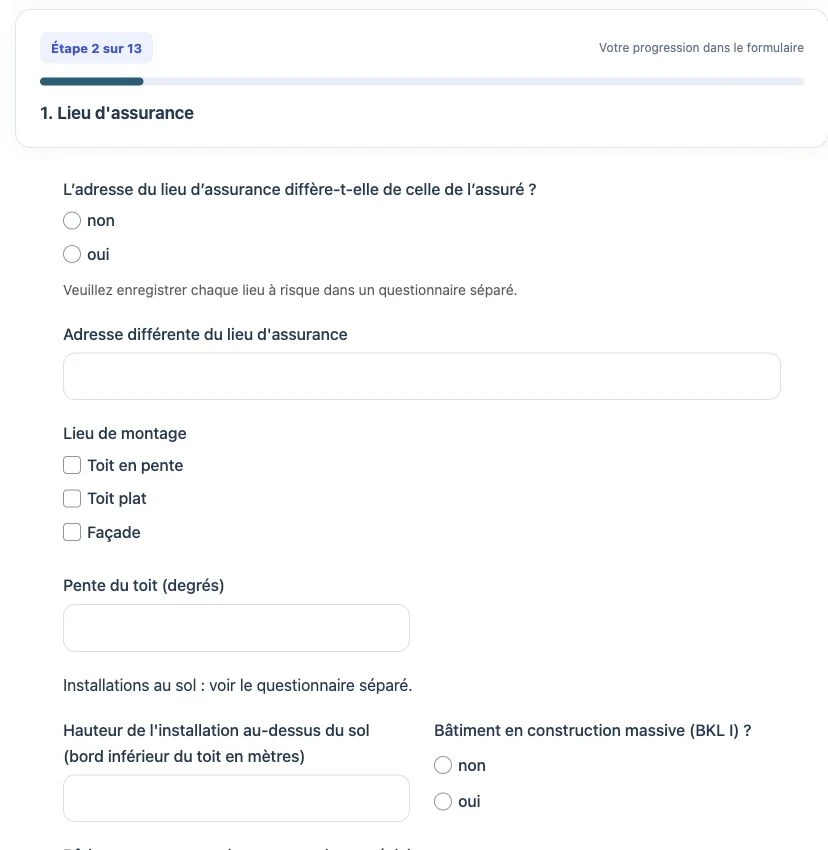 Formulaire client avec progression lisible, champs de sélection et saisies adaptées