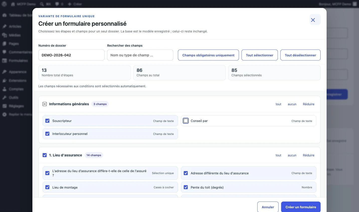 Sélection de champs pour un formulaire personnalisé avec aperçu des étapes et saisies sélectionnées