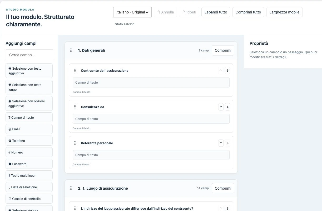 MCFP-Builder con palette di campi, passaggi richiudibili e proprietà