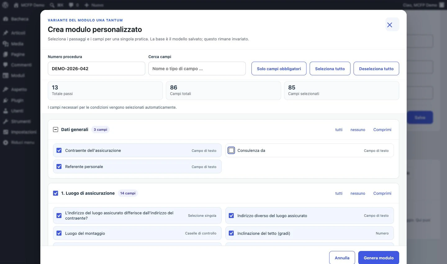 Selezione dei campi per un modulo personalizzato con panoramica dei passaggi e input selezionati